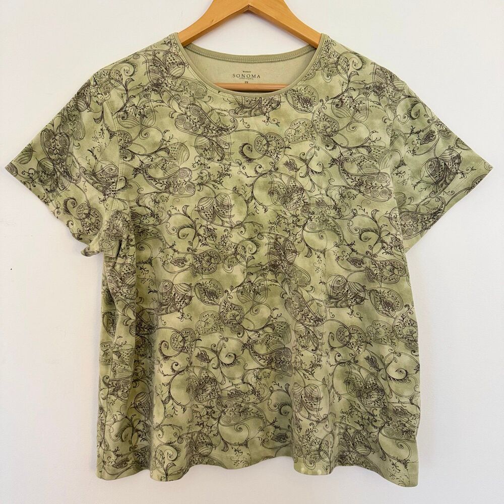 Vintage Sonoma Woman T Shirt Green Paisley Tee 2X 2XL XXL Classic 90s Casual EUC